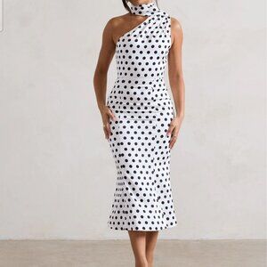 Club L London White & Black Golden Girl Polka Dot Asymmetric High-Neck Flared